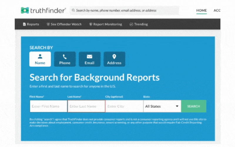 用戶在 TruthFinder 的人物搜索工具中輸入姓名和位置